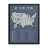 National Park Bucket List Map Poster Blue | All 63 Parks | Updated 2021 |