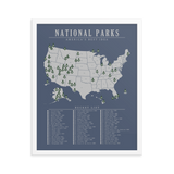 National Park Bucket List Map Poster Blue | All 63 Parks | Updated 2021 |
