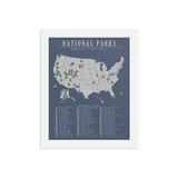 National Park Bucket List Map Poster Blue | All 63 Parks | Updated 2021 |